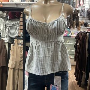 Striped Spaghetti-Strap Peplum Cami - White & Mint